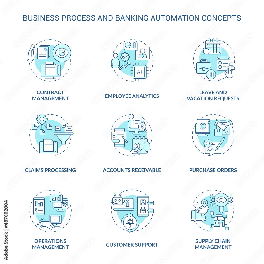 Aufkleber business process and banking automation turquoise concept icons set. autonomous tasks idea thin line