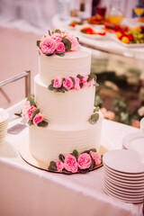 White cake with pink flowers 3855.