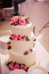 Obraz na płótnie Canvas White cake with pink flowers 3856.