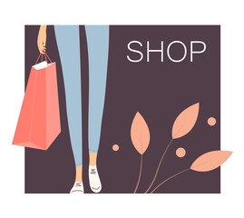 A young modern girl goes shopping. Legs in jeans close up. Fashion and beauty. In the hand a package from the store. Vector cartoon illustration