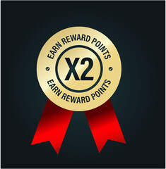 'earn x2 reward points' icon. golden premium vector icon with red ribbon isolated on dark background
