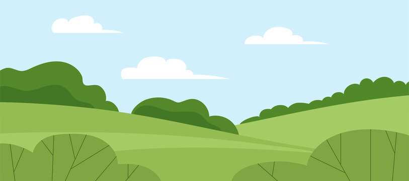 Summer landscape of nature. Panorama with green forests, fields and blue sky with clouds. Rural scener. Flat vector illustration