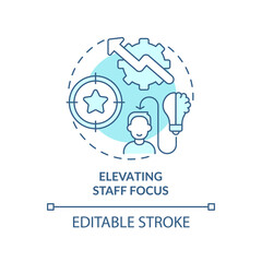 Elevating staff focus turquoise concept icon. Benefits of BPA in banking abstract idea thin line illustration. Isolated outline drawing. Editable stroke. Arial, Myriad Pro-Bold fonts used