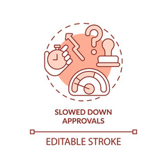 Slowed down approvals red concept icon. Decision making time. BPA challenges abstract idea thin line illustration. Isolated outline drawing. Editable stroke. Arial, Myriad Pro-Bold fonts used