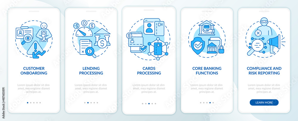 Poster automated banking blue onboarding mobile app screen. autonomous operation walkthrough 5 steps graphi
