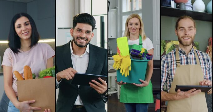 Concept of career people where attractive smiling confident different professions men and women indoors composing split screen,slow motion