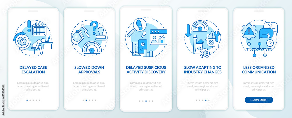 Aufkleber BPA challenges blue onboarding mobile app screen. Banking automation walkthrough 5 steps graphic instructions pages with linear concepts. UI, UX, GUI template. Myriad Pro-Bold, Regular fonts used