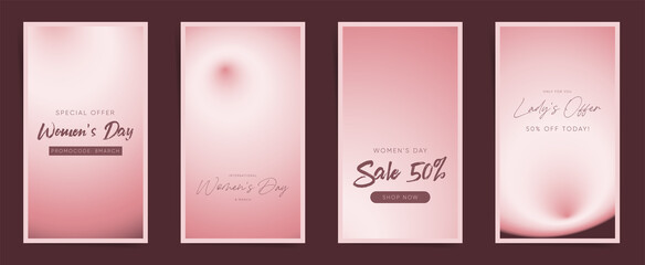 8 March Women's day stories template set. Pale pink and brown gradient social media story concept background with blurry soft gradient for cute sale marketing offer