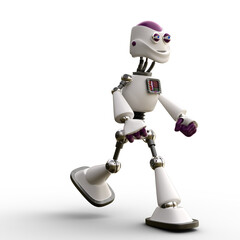 3D-illustration of a cute and funny walking cartoon robot. isolated rendering object