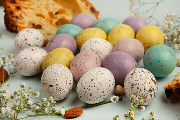 Obraz na płótnie Canvas Hand painted pastel colored Easter eggs background. Happy Easter greeting card or invitation.