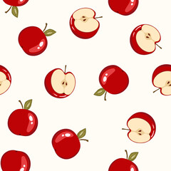 Seamless pattern with apple on white background. Natural delicious ripe tasty fruit. Vector illustration for print, fabric, textile, banner, other design. Stylized apples with leaves. Food concept