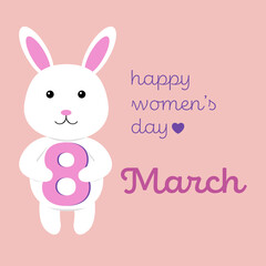 8 march card. Funny rabbit with number eight on pink background. Vector illustration for Women's day
