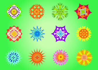 Colorful blooming flowers icons with daisies, gerberas, violets, cornflowers, asters and marigolds on a dark green background