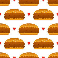 Cute sloppy joe sandwiches, burgers with minced meat and red hearts vector seamless pattern background.
