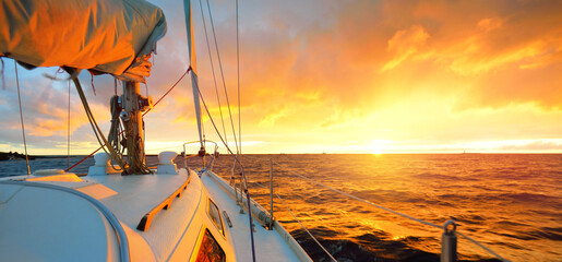 White yacht sailing in an open sea at sunset. A view from the deck to the bow, mast, sails. Epic...