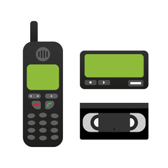 Set, collection of retro style electronic devices. Mobile phone, beeper, VHS video tape for 80s, 90s design.
