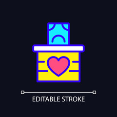 Money donation pixel perfect RGB color icon for dark theme. Cash charitable contributions. Generous benefaction. Simple filled line drawing on night mode background. Editable stroke. Arial font used