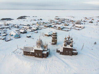 Russian village on the coast of the White Sea. Vorzogory village. Russia, Arkhangelsk region 