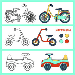 Coloring book with a contour and color example. Transport for children: bicycle, balance-bike, baby car