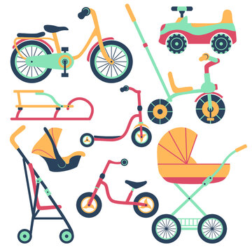 Set of transport for children: baby carriage, pushchair, car seat, baby car, bicycle, kick scooter, balance-bike, sled.