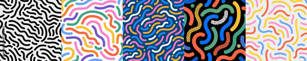 Poster Colorful line doodle seamless pattern set. Creative minimalist style art background collection, trendy design with basic shapes. Modern abstract color backdrop.