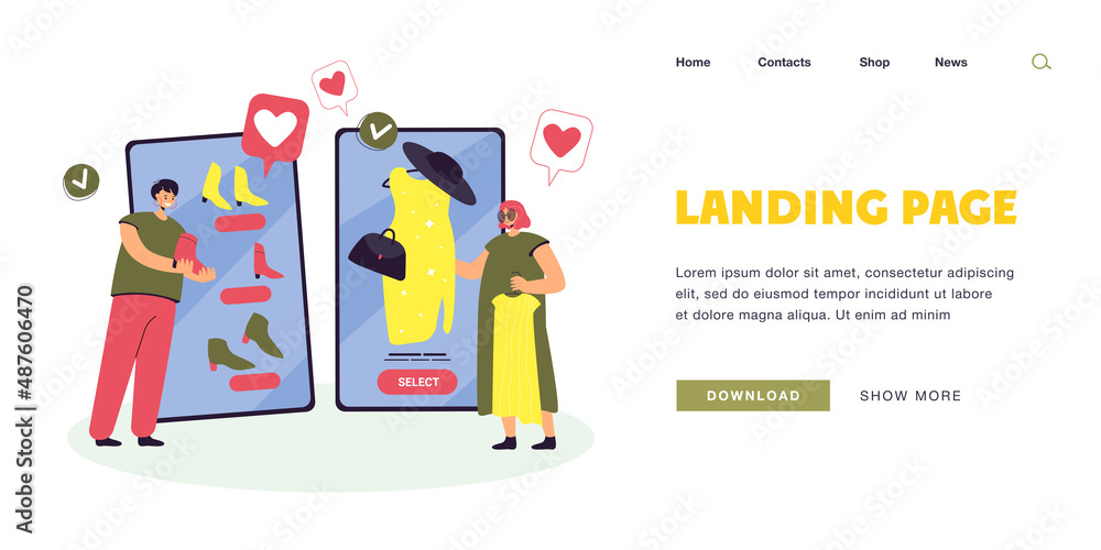 Sticker Customers using mobile app to buy clothes in online shop. People shopping in internet store on huge phones flat vector illustration. Ecommerce, online shopping, social media concept for banner