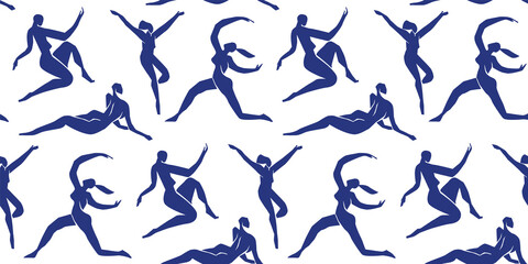Abstract blue women seamless pattern. Background illustration of flat cartoon woman figures, young vintage matisse art female wallpaper. Backdrop design for fashion fabric or modern trend print.