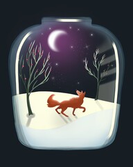 Illustration of a fox in a glass jar
