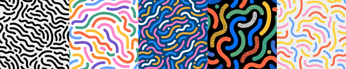 Fotobehang Colorful line doodle seamless pattern set. Creative minimalist style art background collection, trendy design with basic shapes. Modern abstract color backdrop. © Dedraw Studio