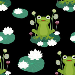 Frog pattern with plants. Vector seamless texture.
