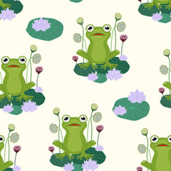 Frog pattern with plants. Vector seamless texture.