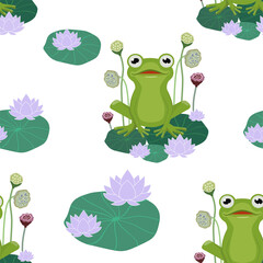 Frog pattern with plants. Vector seamless texture.