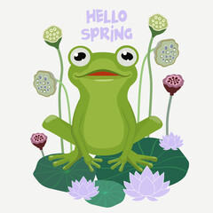 Funny vector illustration with frog and water lilies. Beautiful template for a card.