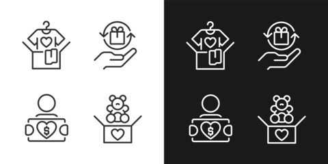 Donating used goods pixel perfect linear icons set for dark, light mode. Second hand clothes. Charitable group. Thin line symbols for night, day theme. Isolated illustrations. Editable stroke