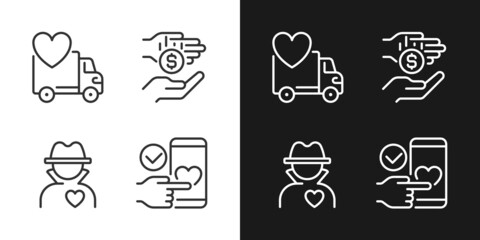 Public charity pixel perfect linear icons set for dark, light mode. Donating motor vehicle. Anonymous donor. Thin line symbols for night, day theme. Isolated illustrations. Editable stroke