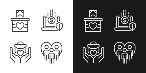 Fundraising strategy pixel perfect linear icons set for dark, light mode. Money donation. Social responsibility. Thin line symbols for night, day theme. Isolated illustrations. Editable stroke