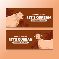Hand drawn animal sacrifice banner for islamic feast of eid al adha mubarak with goat and cow