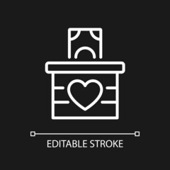 Money donation pixel perfect white linear icon for dark theme. Charitable contributions. Generous benefaction. Thin line illustration. Isolated symbol for night mode. Editable stroke. Arial font used