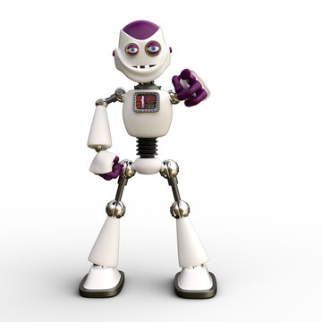3D-illustration of a cute and funny cartoon robot pointing towards you. isolated rendering object