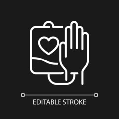 Obraz premium Blood donation pixel perfect white linear icon for dark theme. Charitable contribution. Voluntary procedure. Thin line illustration. Isolated symbol for night mode. Editable stroke. Arial font used