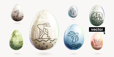 Set of Easter eggs with the Scandinavian folk pattern. Nordic art of hare, bear, fish, fox, bird, and squirrel.