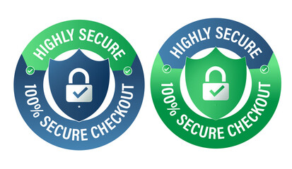 'highly secure, 100% secure checkout' vector icon set with pad lock and tick mark, safe online shopping abstract