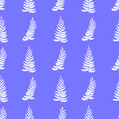 Obraz premium Very peri seamless pattern with white fern silhouette. Trendy 2022 ornament with floral elements. For textiles and wallpapers. Purple color background. Laconic minimalist design. 