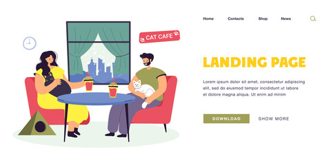 Happy couple sitting in cat cafe together. Young man and woman with adorable pets on laps flat vector illustration. Pet therapy, domestic animals concept for banner, website design or landing web page