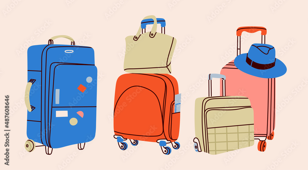 Wall mural various luggage bags, suitcases, baggage, travel bags. vacation, travel, holiday concept. hand drawn