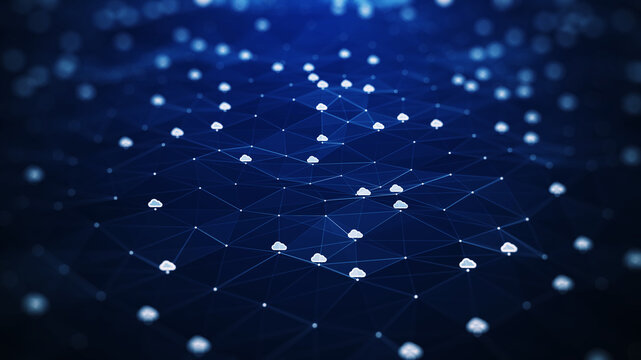 cloud computing technology concept. There is a small white cloud icon over the polygon with a dark blue background. Transfer data, upload, download files to the cloud.
