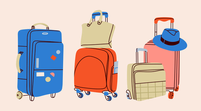 Various luggage bags, suitcases, baggage, travel bags. Vacation, travel, holiday concept. Hand drawn Vector set. Colorful trendy illustration. Cartoon style. Flat design. All elements are isolated