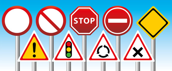Panneaux routiers. Code de la route, permis de conduire, conduite. Illustration vectorielle.