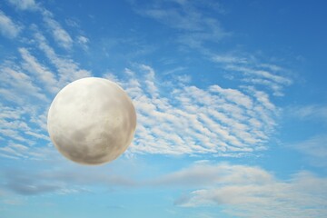 moon floating in bright sky white clouds 3d illustration