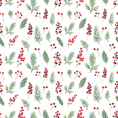 Tender seamless pattern for Christmas. Watercolor digital paper with Christmas tree branches and beautiful red berries. Christmas card design. Digital paper.